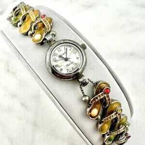 Colorful Enamel Flip Flop Rhinestone Beach Bracelet Watch - Size 6.5” - Working